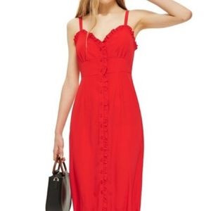 TOPSHOP Red Ruffles Button Down Midi Dress New With Tags